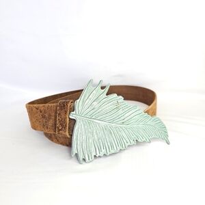 DIESEL Big Teal Leaf Buckle Brown Belt Size 38 Made In Italy 100% Leather